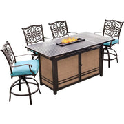 Hanover - Traditions 5pc Fire Pit High Dining: 4 Counter Swivel Rockers, 1 Fire Pit Table - Blue/Bronze-United Backyard
