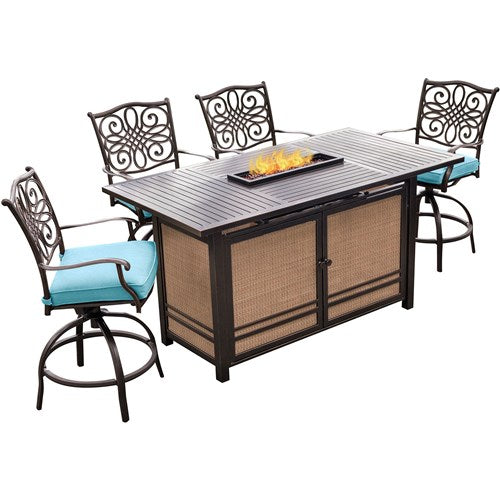 Hanover - Traditions 5pc Fire Pit High Dining: 4 Counter Swivel Rockers, 1 Fire Pit Table - Blue/Bronze-United Backyard