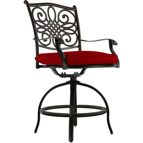 Hanover - Traditions 5pc Fire Pit High Dining: 4 Counter Swivel Rockers, 1 Fire Pit Table - Red/Bronze-United Backyard