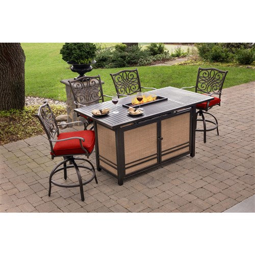 Hanover - Traditions 5pc Fire Pit High Dining: 4 Counter Swivel Rockers, 1 Fire Pit Table - Red/Bronze-United Backyard