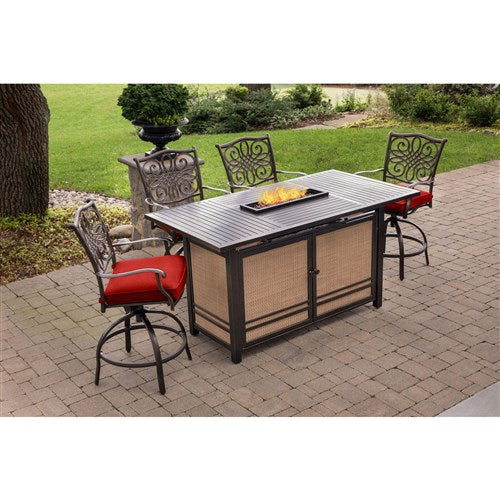 Hanover - Traditions 5pc Fire Pit High Dining: 4 Counter Swivel Rockers, 1 Fire Pit Table - Red/Bronze-United Backyard