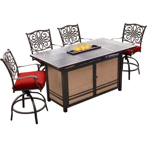 Hanover - Traditions 5pc Fire Pit High Dining: 4 Counter Swivel Rockers, 1 Fire Pit Table - Red/Bronze-United Backyard