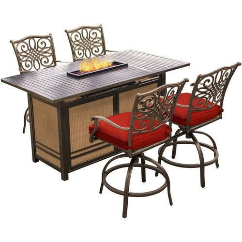 Hanover - Traditions 5pc Fire Pit High Dining: 4 Counter Swivel Rockers, 1 Fire Pit Table - Red/Bronze-United Backyard