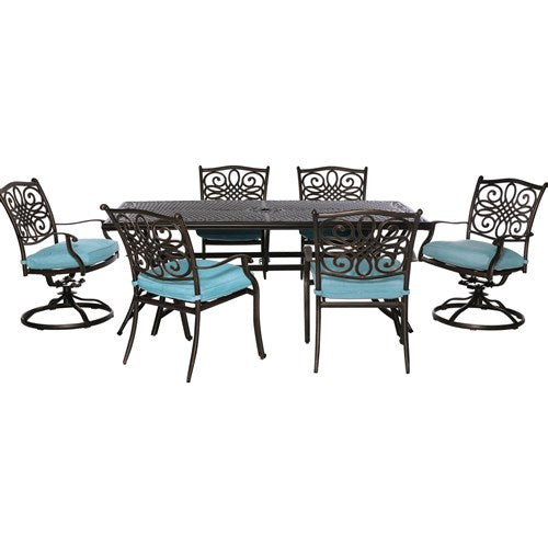 Hanover - Traditions 7pc: 4 Dining Chairs, 2 Swivel Rockers, 38x72" Cast Table - Blue/Cast-United Backyard