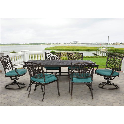 Hanover - Traditions 7pc: 4 Dining Chairs, 2 Swivel Rockers, 38x72" Cast Table, Cover - Blue/Bronze-United Backyard