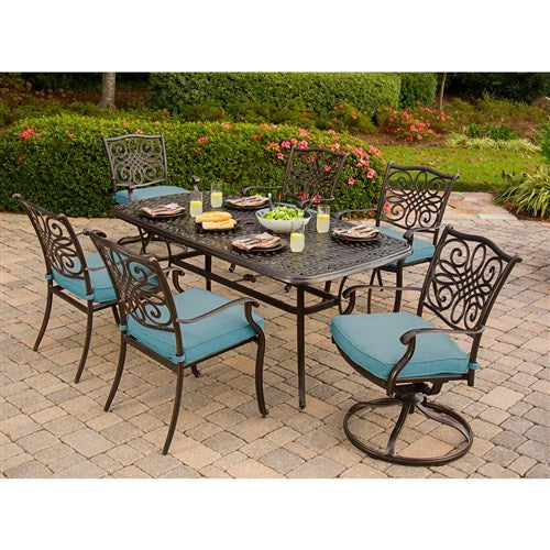 Hanover - Traditions 7pc: 4 Dining Chairs, 2 Swivel Rockers, 38x72" Cast Table, Cover - Blue/Bronze-United Backyard