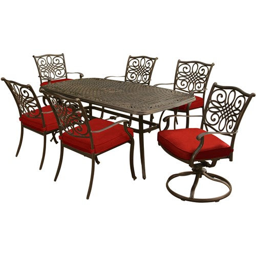 Hanover - Traditions 7pc: 4 Dining Chairs, 2 Swivel Rockers, 38x72" Cast Table - Red/Cast-United Backyard