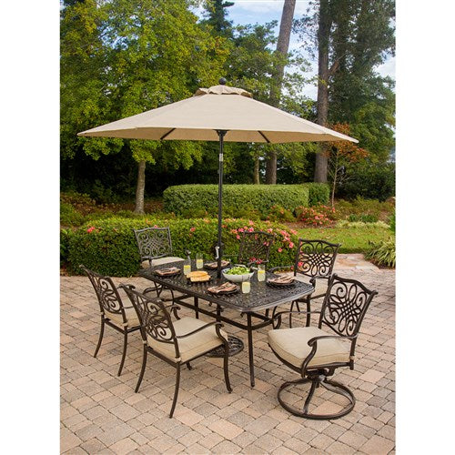 Hanover - Traditions 7pc: 4 Dining Chairs, 2 Swivel Rockers, 38x72" Cast Table, Umbrella, Base - Tan/Cast-United Backyard