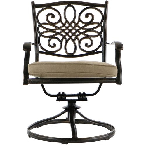 Hanover - Traditions 7pc: 4 Dining Chairs, 2 Swivel Rockers, 38x72" Cast Table, Umbrella, Base - Tan/Cast-United Backyard