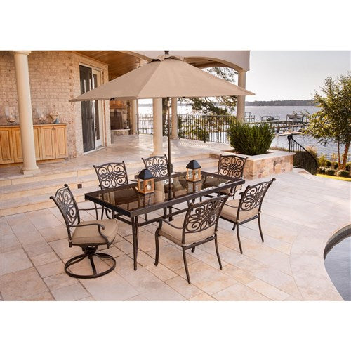 Hanover - Traditions 7pc: 4 Dining Chairs, 2 Swivel Rockers, 42x84" Glass Table, Umbrella, Base - Tan/Glass-United Backyard