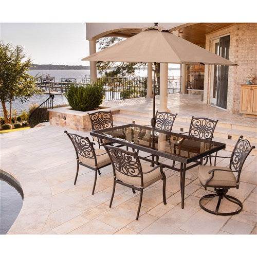 Hanover - Traditions 7pc: 4 Dining Chairs, 2 Swivel Rockers, 42x84" Glass Table, Umbrella, Base - Tan/Glass-United Backyard