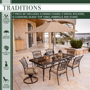 Hanover - Traditions 7pc: 4 Dining Chairs, 2 Swivel Rockers, 42x84" Glass Table, Umbrella, Base - Tan/Glass-United Backyard