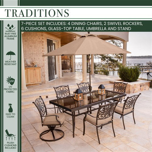 Hanover - Traditions 7pc: 4 Dining Chairs, 2 Swivel Rockers, 42x84" Glass Table, Umbrella, Base - Tan/Glass-United Backyard
