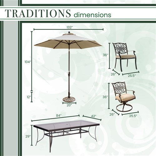 Hanover - Traditions 7pc: 4 Dining Chairs, 2 Swivel Rockers, 42x84" Glass Table, Umbrella, Base - Tan/Glass-United Backyard