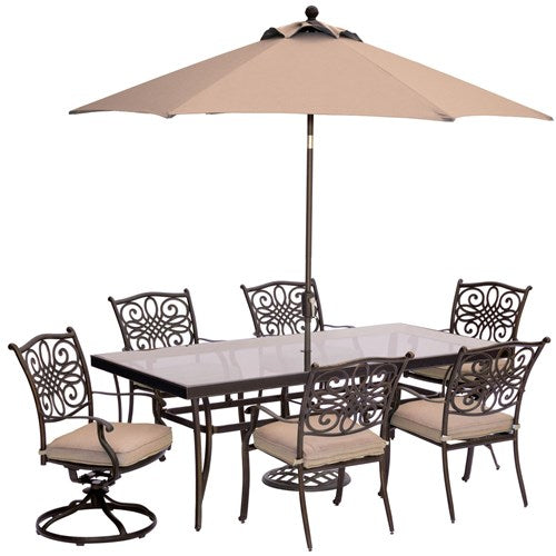 Hanover - Traditions 7pc: 4 Dining Chairs, 2 Swivel Rockers, 42x84" Glass Table, Umbrella, Base - Tan/Glass-United Backyard