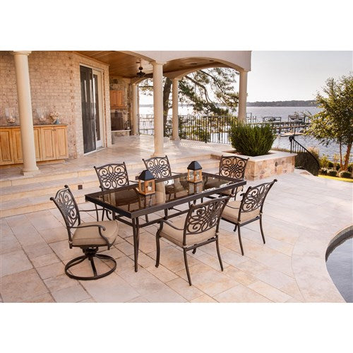 Hanover - Traditions 7pc: 4 Dining Chairs, 2 Swivel Rockers, 42x84" Glass Top Table - Tan/Glass-United Backyard