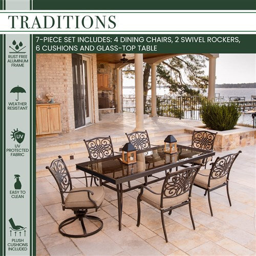 Hanover - Traditions 7pc: 4 Dining Chairs, 2 Swivel Rockers, 42x84" Glass Top Table - Tan/Glass-United Backyard