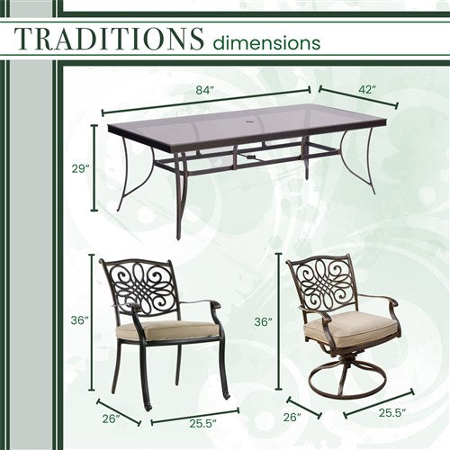 Hanover - Traditions 7pc: 4 Dining Chairs, 2 Swivel Rockers, 42x84" Glass Top Table - Tan/Glass-United Backyard