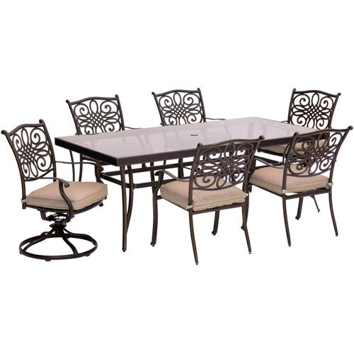 Hanover - Traditions 7pc: 4 Dining Chairs, 2 Swivel Rockers, 42x84" Glass Top Table - Tan/Glass-United Backyard