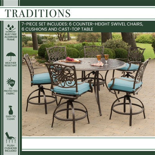 Hanover - Traditions 7pc: 6 Counter Height Swivel Chairs, 56" Round Cast Table-United Backyard