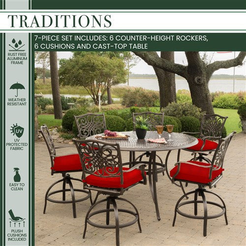 Hanover - Traditions 7pc: 6 Counter Height Swivel Chairs, 56" Round Cast Table-United Backyard