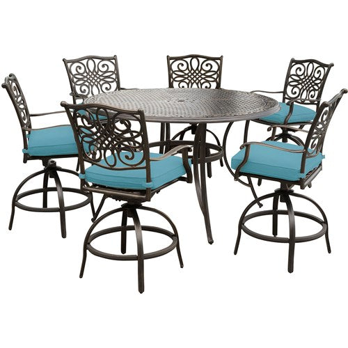 Hanover - Traditions 7pc: 6 Counter Height Swivel Chairs, 56" Round Cast Table-United Backyard