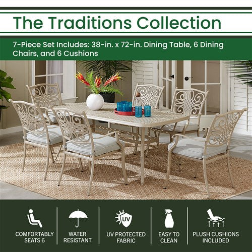 Hanover - -Traditions 7pc: 6 Dining Chairs, 38"x72" Cast Table - Sand/Beige-United Backyard