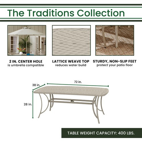 Hanover - -Traditions 7pc: 6 Dining Chairs, 38"x72" Cast Table - Sand/Beige-United Backyard