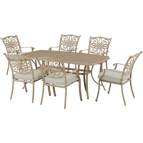 Hanover - -Traditions 7pc: 6 Dining Chairs, 38"x72" Cast Table - Sand/Beige-United Backyard