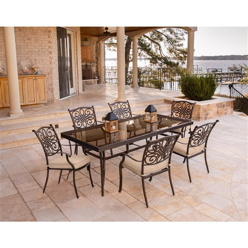 Hanover - Traditions 7pc: 6 Dining Chairs, 42x84" Glass Top Table - Tan/Glass-United Backyard