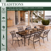 Hanover - Traditions 7pc: 6 Dining Chairs, 42x84" Glass Top Table - Tan/Glass-United Backyard