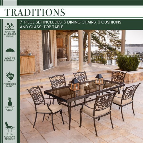 Hanover - Traditions 7pc: 6 Dining Chairs, 42x84" Glass Top Table - Tan/Glass-United Backyard