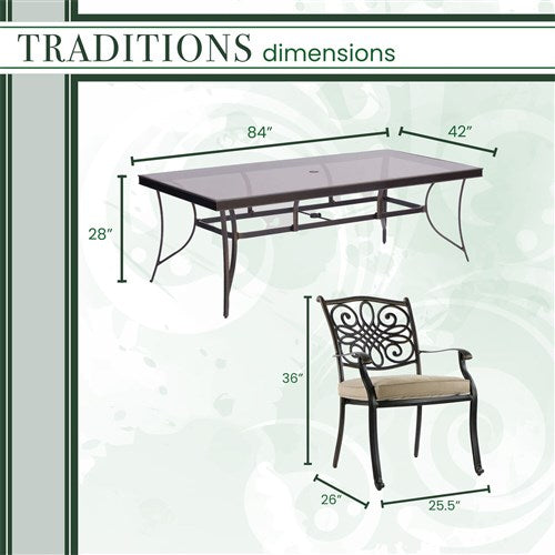 Hanover - Traditions 7pc: 6 Dining Chairs, 42x84" Glass Top Table - Tan/Glass-United Backyard