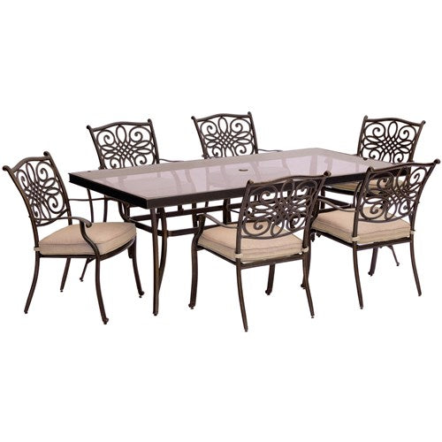 Hanover - Traditions 7pc: 6 Dining Chairs, 42x84" Glass Top Table - Tan/Glass-United Backyard