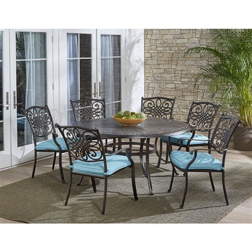 Hanover - Traditions 7pc: 6 Dining Chairs, 60" Round Cast Table - Blue/Cast-United Backyard
