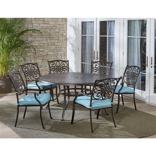 Hanover - Traditions 7pc: 6 Dining Chairs, 60" Round Cast Table - Blue/Cast-United Backyard