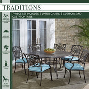 Hanover - Traditions 7pc: 6 Dining Chairs, 60" Round Cast Table - Blue/Cast-United Backyard