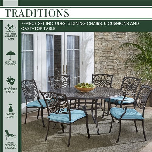 Hanover - Traditions 7pc: 6 Dining Chairs, 60" Round Cast Table - Blue/Cast-United Backyard