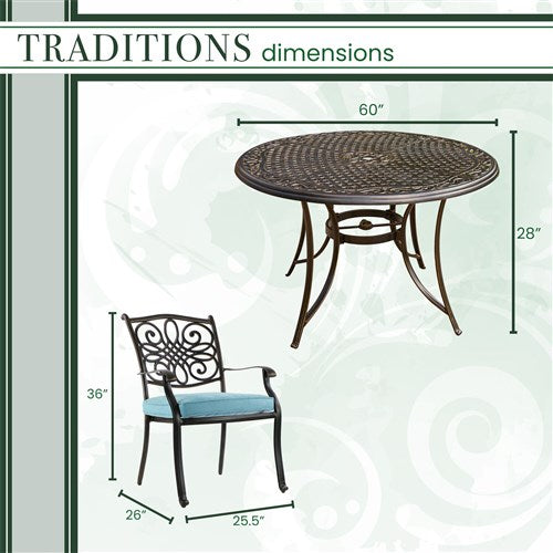 Hanover - Traditions 7pc: 6 Dining Chairs, 60" Round Cast Table - Blue/Cast-United Backyard