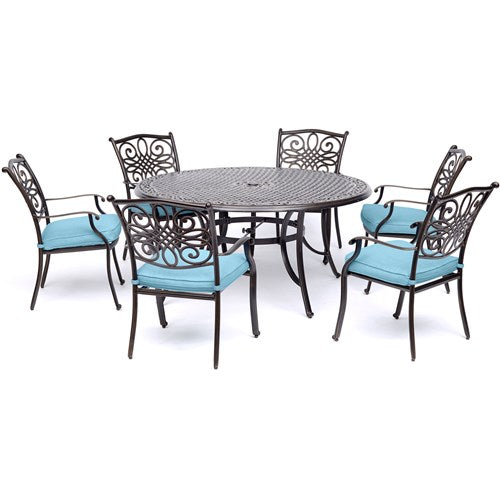 Hanover - Traditions 7pc: 6 Dining Chairs, 60" Round Cast Table - Blue/Cast-United Backyard