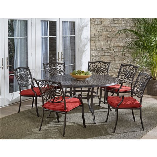 Hanover - Traditions 7pc: 6 Dining Chairs, 60" Round Cast Table - Red/Cast-United Backyard