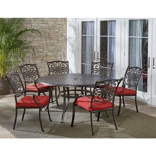 Hanover - Traditions 7pc: 6 Dining Chairs, 60" Round Cast Table - Red/Cast-United Backyard