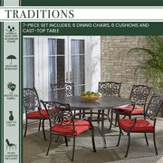 Hanover - Traditions 7pc: 6 Dining Chairs, 60" Round Cast Table - Red/Cast-United Backyard