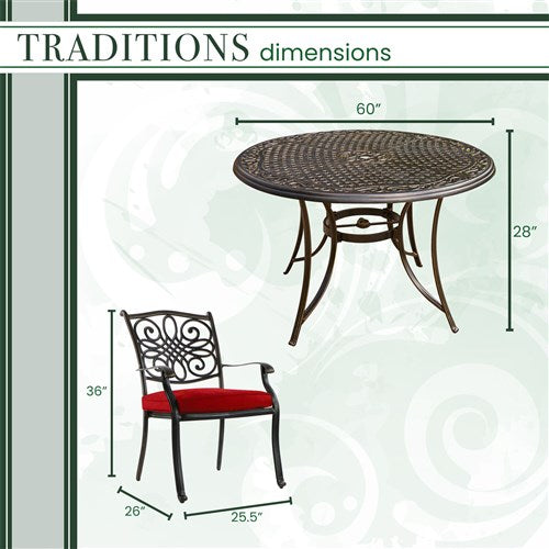 Hanover - Traditions 7pc: 6 Dining Chairs, 60" Round Cast Table - Red/Cast-United Backyard