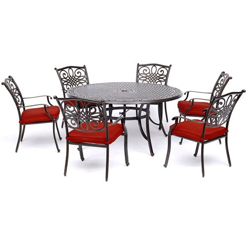 Hanover - Traditions 7pc: 6 Dining Chairs, 60" Round Cast Table - Red/Cast-United Backyard