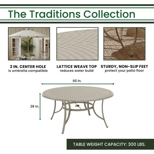 Hanover - Traditions 7pc: 6 Dining Chairs, 60" Round Cast Table - Sand/Beige-United Backyard