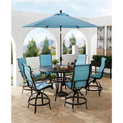 Hanover - Traditions 7pc: 6 Padded Swivel Center Height Chairs, 56" Cast Table, Umbrella, Base - Blue/Bronze-United Backyard