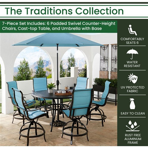 Hanover - Traditions 7pc: 6 Padded Swivel Center Height Chairs, 56" Cast Table, Umbrella, Base - Blue/Bronze-United Backyard