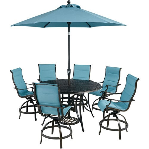 Hanover - Traditions 7pc: 6 Padded Swivel Center Height Chairs, 56" Cast Table, Umbrella, Base - Blue/Bronze-United Backyard