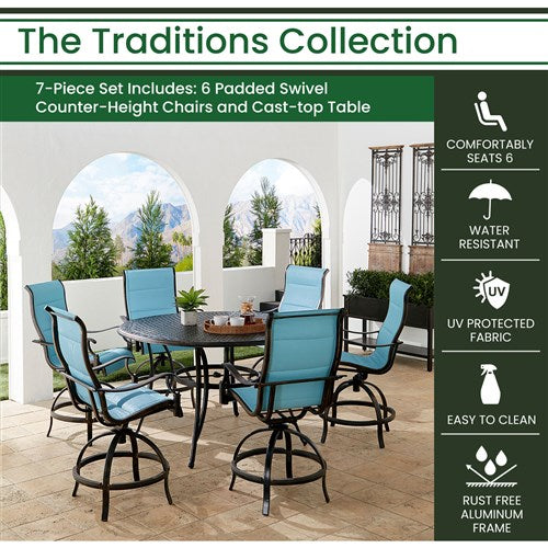 Hanover - Traditions 7pc: 6 Padded Swivel Counter Height Chairs, 56" Round Cast Table - Blue/Bronze-United Backyard